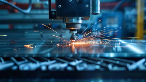 A close-up of a CNC laser cutting machine emitting bright sparks as it cuts through a sheet of metal in an industrial setting.