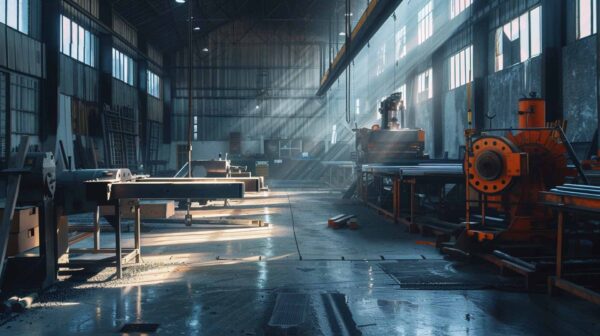 A spacious industrial workshop with large windows letting in sunlight. Various metalworking machines and equipment, including orange machinery, are arranged throughout the workshop. The floor is scattered with tools and materials.
