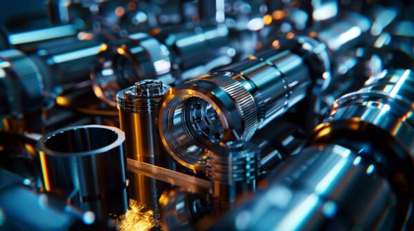 Close-up of shiny, metallic cylindrical machine parts and gears, reflecting blue and orange light, arranged in a complex, industrial setting.