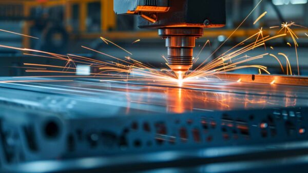 A CNC laser cutting machine emits bright sparks while cutting through a sheet of metal in an industrial setting.