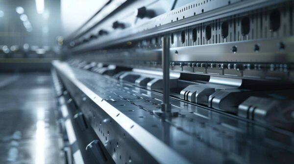 Close-up view of an advanced industrial machine in a modern, well-lit factory setting, showing metallic surfaces, mechanical parts, and precision engineering in a clean environment.