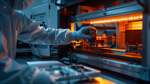 A scientist in protective clothing operates advanced equipment in a laboratory, adjusting a device under bright orange lighting, with high-tech machines and instruments visible in the background.