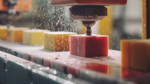 A CNC machine shapes colorful blocks of material, with water spraying around the cutting tool. The scene shows close-up detail and precision manufacturing in progress.