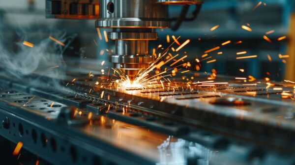 A close-up of a CNC machine cutting metal, producing bright orange sparks and some smoke, in an industrial workshop setting.