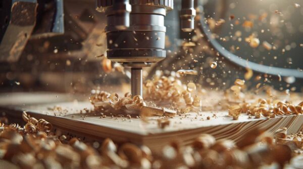 A close-up of a CNC machine carving into a wooden board, with wood shavings and dust flying around the cutting tool in a workshop setting.