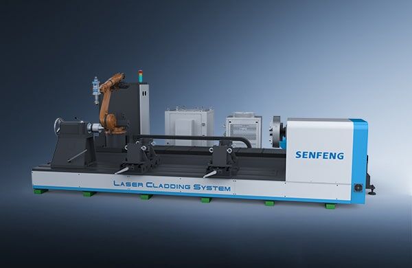 The דגם SFR6063 is a large industrial laser cladding system with a robotic arm and metal components on a sturdy base labeled "Laser Cladding System," set against a blue gradient background.