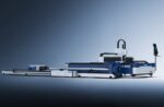 The דגם C Series is a large industrial CNC laser cutting machine with a blue and white frame, right-side control panel, and sleek modern design, shown against a gradient gray background.
