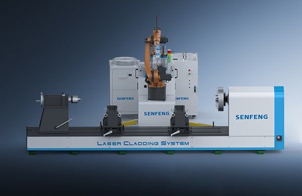 The דגם SFR6063 laser cladding system, featuring a robotic arm and control units for industrial surface treatment, is displayed against a gradient blue background.