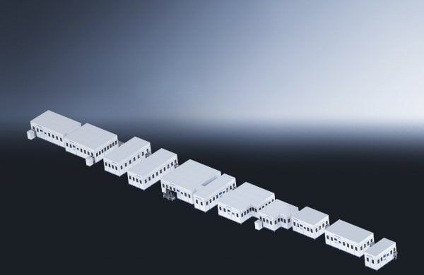 A minimalist architectural model of קו הרכבה לתאי סוללה: connected white rectangular buildings in a diagonal line on a dark gradient background.