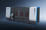 The דגם SFHS3050 is a large, modern laser cutting machine featuring a left-side control panel, enclosed in sleek white, gray, and blue casing, shown against a gradient blue background.