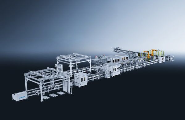 קו ייצור למודולי ומארזי סוללה אוטומטי, הכולל מסגרות מתכת מחוברות, מסועים, עמדות בקרה ומכונות, מוצג על רקע אפור מדורג.
