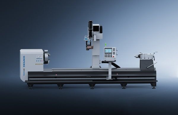 The דגם SFH3050 is a modern industrial CNC lathe with a digital control panel, metallic body, and blue accents, displayed against a gradient blue background.