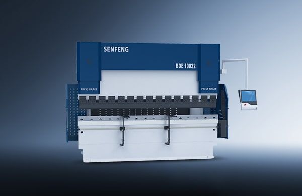 A large blue and white industrial press brake labeled דגם BDE 500-6000 with a digital control panel on the right, set against a gradient gray background.