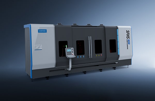 A large, modern industrial machine with a control panel and multiple windows, labeled דגם SFHS3050 on the side, stands against a gradient blue background.