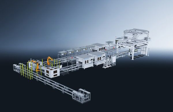תמונה תלת-ממדית של קו ייצור למודולי ומארזי סוללה, כולל מסועים, זרועות רובוטיות ומכונות אוטומטיות להרכבה במפעל.