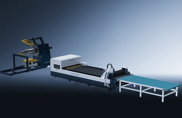 The דגם 15015C is a large industrial sheet metal laser cutting machine featuring a coil feeder on the left and a blue material staging table on the right, set against a gradient background.