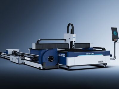 A large blue and white דגם C Series industrial laser cutting machine with a digital control panel stands in a clean, well-lit room. The machine is labeled SENFENG and looks ready for use.