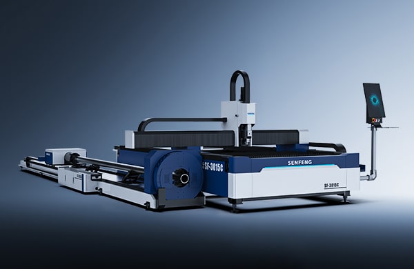 A large blue and white דגם C Series industrial laser cutting machine with a digital control panel stands in a clean, well-lit room. The machine is labeled SENFENG and looks ready for use.