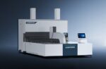 The דגם BDC 3200 is a large industrial SENFENG laser cutting machine with a modern white and gray design, touchscreen control panel, and two vertical exhaust stacks, set against a gradient blue background.