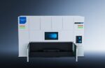 The דגם SF3015TD is a large, white industrial laser cutting machine featuring a central display, two smaller screens, control panels, and colored indicator lights, presented against a gradient blue background.