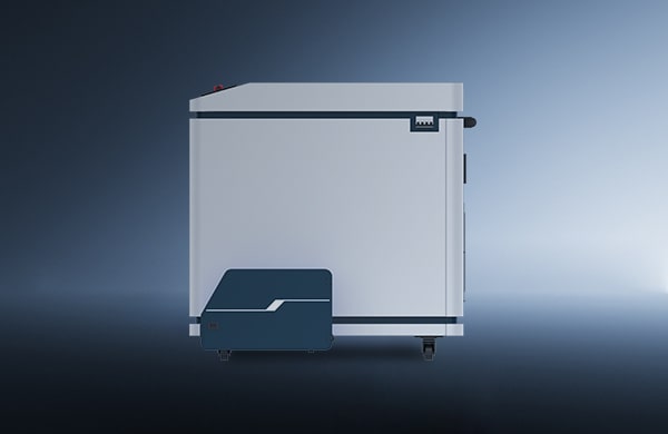 The דגם HWM is a modern, rectangular laboratory instrument with a sleek white and blue design, shown from the side against a gradient blue background and featuring a small dark blue component at its base.