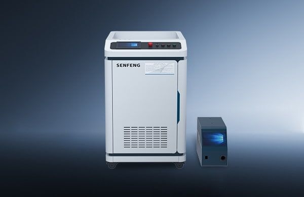 A white SENFENG דגם RW industrial machine with top control buttons stands beside a smaller, dark rectangular device against a gradient blue background.
