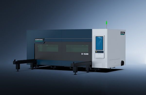 A large industrial laser cutting machine with a white and dark blue exterior, labeled SENFENG and דגם 1530N, stands on a gray surface against a gradient background.