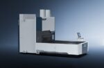 The דגם BDC 1500 is a modern industrial bending machine with a sleek design, featuring a control panel and display screen, shown against a gradient blue background.