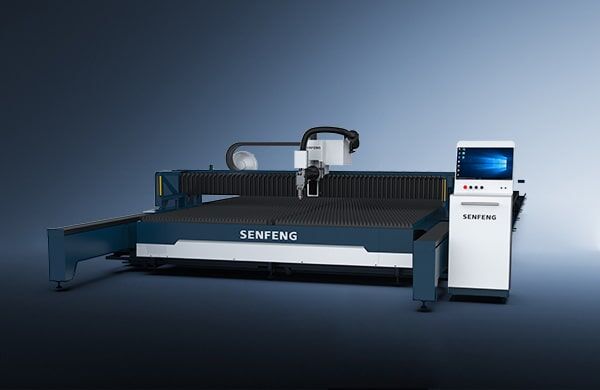 The דגם 24030TX is a SENFENG industrial laser cutting machine featuring a large flat cutting bed and a right-side control panel, shown against a gradient blue background.