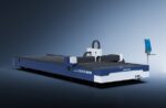 The דגם 3015N is a large industrial laser cutting machine with a blue and white exterior, right-side control panel, and flat processing surface, shown against a gradient blue background.