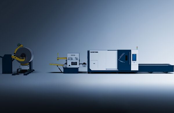 The דגם 1503CH, a metal coil feeding and cutting CNC machine, is shown connected in a modern, well-lit industrial space with a blue gradient background.