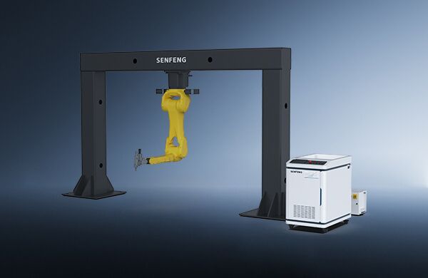 The דגם RC Series, a yellow industrial robotic arm, hangs from a large black SENFENG overhead frame with a white control unit placed nearby on a gradient blue background.