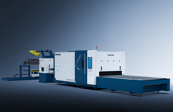 The דגם 1502CH is a large industrial sheet metal laser cutting machine with a blue and white exterior, control panel, sheet loading section, and cutting bed, set against a neutral gradient background.