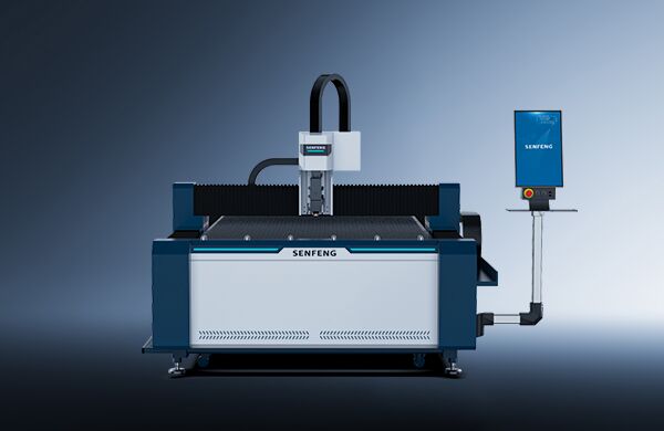 A front-facing דגם 3015NP industrial laser cutting machine in blue and white features a vertical arm and right-side control panel, set against a gradient gray background.