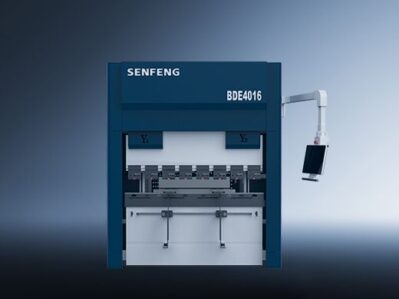 A blue דגם BDE 400 industrial machine with a digital control arm and display screen, set against a gradient background. The machine features a large front opening for material processing.