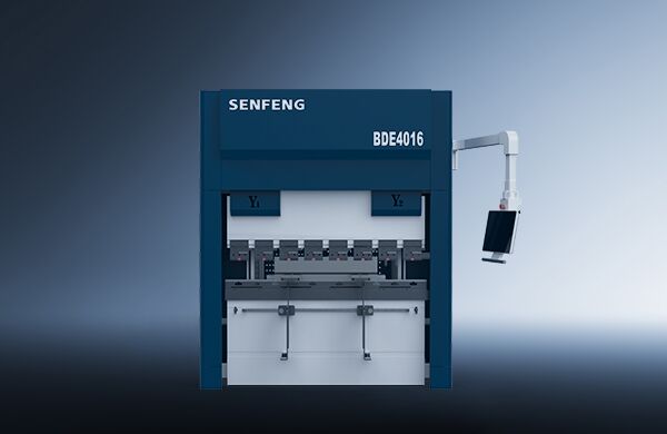 A blue דגם BDE 400 industrial machine with a digital control arm and display screen, set against a gradient background. The machine features a large front opening for material processing.