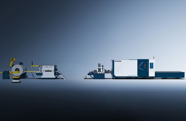 The דגם 1503CLH is a modern industrial machine featuring interconnected blue and white components, showcased on a gray surface with a blue gradient background to highlight automated manufacturing capabilities.