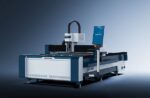 A modern industrial laser cutting machine, דגם 3015NP, with a blue and white design and digital display, features the SENFENG brand on the front, set against a gradient blue background.