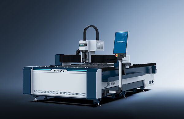 A modern industrial laser cutting machine, דגם 3015NP, with a blue and white design and digital display, features the SENFENG brand on the front, set against a gradient blue background.