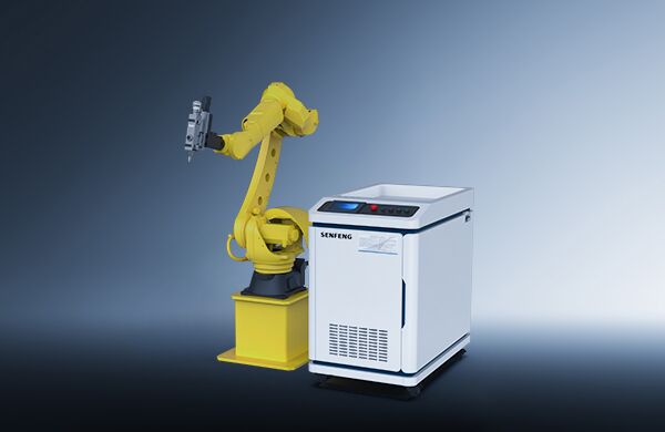 The דגם RC Series אנכי, a yellow industrial robotic arm, stands beside a white and blue control-panel machine against a gradient blue background.