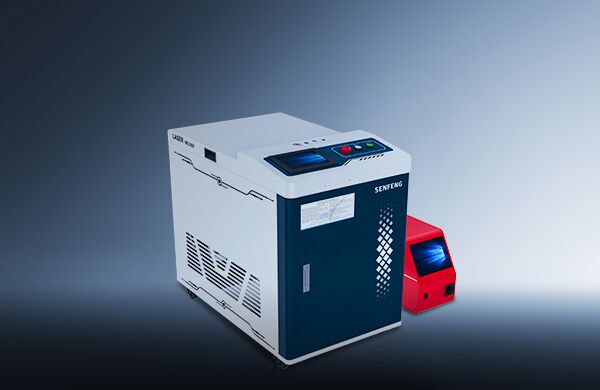 The דגם HW, an industrial machine in white and dark blue with labeled buttons and a digital display, stands beside a smaller red device against a gradient blue background.
