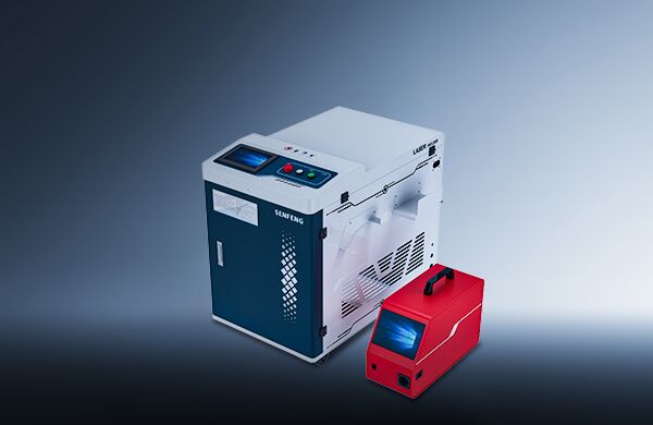 A blue and white דגם HW industrial machine with control buttons and a screen stands beside a smaller red portable device with a handle and blue display, both set against a gradient gray background.