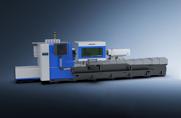The דגם LYCK8463 is a large, modern CNC machine featuring a blue and white exterior, left-side control panel, and enclosed processing area, displayed against a gradient blue background.