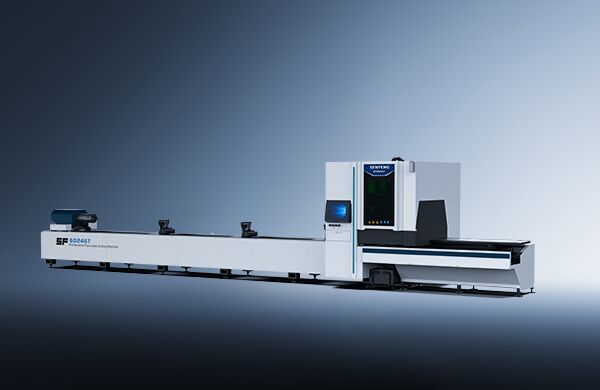 The דגם GT Series is a large industrial laser cutting machine with a sleek white and black design, an integrated control panel, and an enclosed cutting area, set against a gradient blue-gray background.