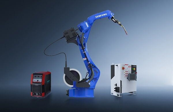 The דגם RMW blue industrial robotic arm, labeled “SENFENG,” stands between two control units against a gradient blue background, featuring wiring and an end effector for automated tasks.