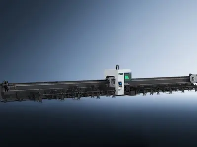 The דגם ST Series is a long, industrial CNC machine with a black frame and white control unit, set against a gradient blue background, designed for automated material processing.