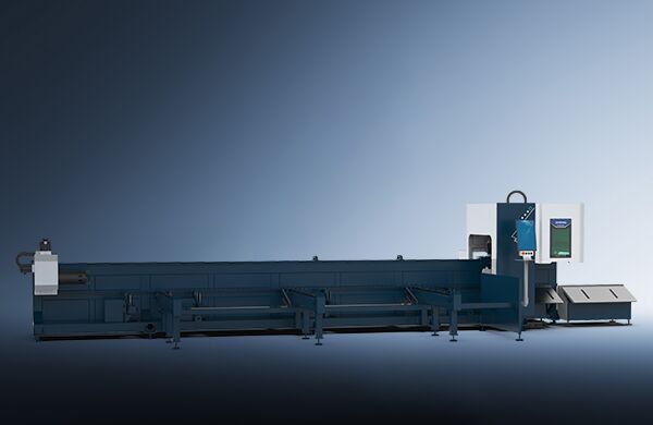The דגם 6012 PLUS is a large industrial machine with a long horizontal body and control panel, designed for automated material processing, shown against a gradient blue background.