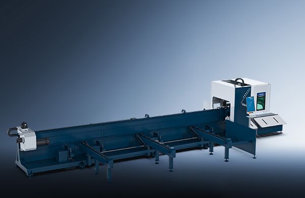 The דגם 6012 PLUS is a large industrial tube laser cutting machine featuring a control panel, long blue metal bed, and automated loading arms, set against a gradient background.