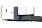The דגם HM Series is a large industrial fiber laser cutting machine with a white and blue exterior, featuring a flat cutting bed and side control panel, displayed in a well-lit studio setting.