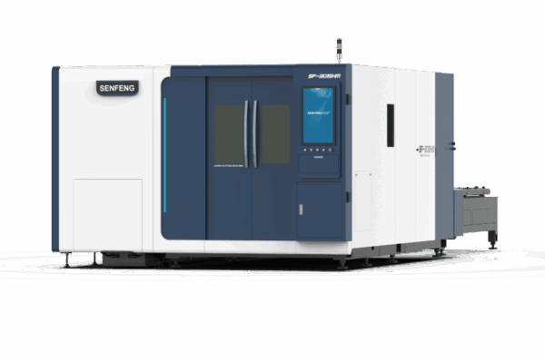 The דגם HM Series is a large, modern industrial machine featuring a white and blue exterior, central glass double doors, a digital display screen, and "SENFENG" branding in the top left corner.